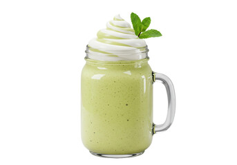 Green smoothie with whipped cream and mint isolated on transparent background, healthy refreshing drink for diet and detox