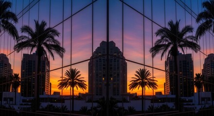 Urban landscape with silhouetted palm trees and modern buildings reflected in a glass facade during a vibrant sunset showcasing geometric architectural lines