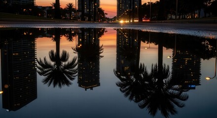 Urban reflection of illuminated buildings silhouetted palm trees and a street with car lights in a large puddle at twilight under a warm sky