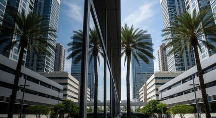 Urban skyline with modern glass buildings palm trees and a reflective facade creating intricate mirrored images under a blue sky