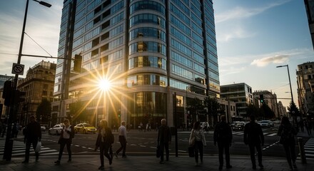Fototapeta premium Urban thoroughfare with sunburst reflecting on a tall glass building pedestrians on crosswalks and cars
