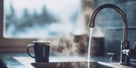 Steaming hot water pours from modern faucet into sink near coffee mug creating cozy morning atmosphere