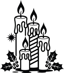 Elegant black candle arrangement with holly and star on transparent background silhouette