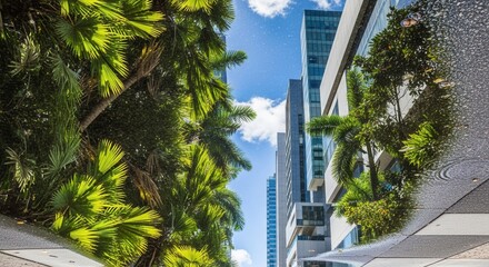 View upwards through lush palm foliage towards towering modern buildings and a bright blue sky with the scene reflected in a wet ground surface