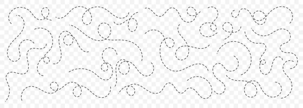 Dashed hand drawn squiggle loopy line vector. Dotted spiral curve line. Hand Sketched Curly Border. Abstract long squiggle dashed. Abstract Hand-Drawn Dotted Line Collection. EPS 10.