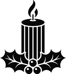 A festive black candle with holly leaves elegant design on transparent background silhouette