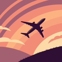 Dramatic airplane ascent against a dreamy sunset sky, perfect for travel blogs, aviation promotions, and inspirational journey visuals with a modern artistic style.