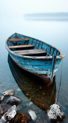 Obraz premium Solitude in the Fog – Red Boat on a Calm Lake. AI generative,