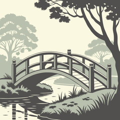 Japanese garden landscape with arched bridge and tranquil stream, perfect for serene designs, meditation apps, or Asian-inspired branding projects