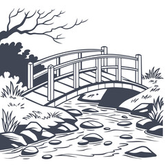 Serene escape across a quaint bridge, nature's path beckons with peaceful waters and lush greenery, a calming scene for mindful moments and tranquil thoughts