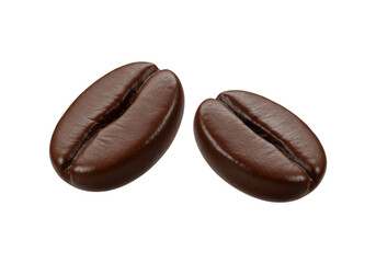 Two roasted coffee beans isolated on transparent background, aromatic ingredient for coffee drinks and caffeine beverages