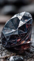 A close-up shot reveals the mesmerizing facets of a large, flawless diamond with water droplets resting on its surface against a textured, dark background.