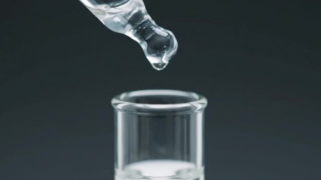Clear Liquid Drops From Dropper Into Test Tube with Grey Background in Studio Lighting Setup Scientific Experimentation Close Up Shot Medicine Research