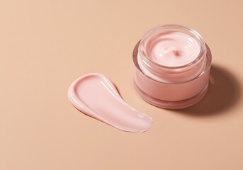 Luxurious flat lay of a cosmetic jar with pink cream, showing two perfect, smooth texture smears on a matching blush background
