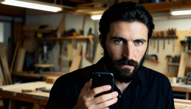 Professional Caucasian carpenter guy speaking call mobile phone in workshop artist worker wood master communicate architect male using telephone connection network man builder contact client carpentry