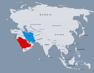 Iran and Saudi Arabia Highlighted on Middle East Map with Borders