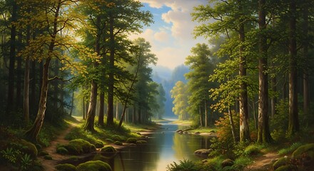 Lush forest scene with river flowing, a calm and tranquil woodland view