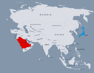 Japan and Saudi Arabia Highlighted on Asia Map Showing Borders and Locations