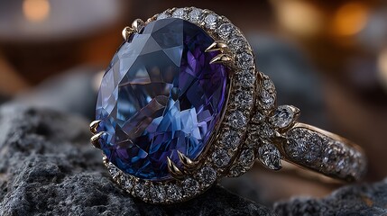 An exquisite gemstone featu a large oval cut blue purple alexandrite surrounded by sparkling diamonds on a gold band rests on rough stone surface.