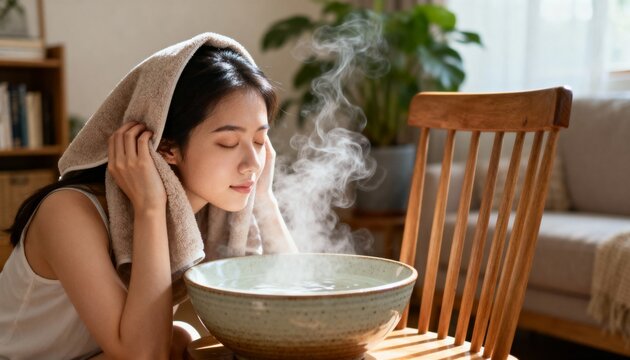 Young woman doing steam inhalation at home to soothe and open nasal passages