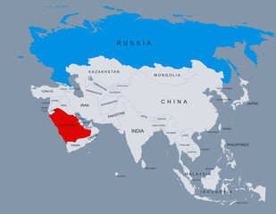 Political Map of Russia and Saudi Arabia Showing Borders and Cities