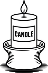 Simple black and white illustration of a lit candle on transparent background silhouette