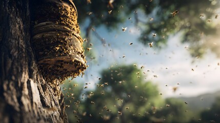 A view showcases a beehive nestled in a tree, with many bees buzzing around in the surrounding environment, emphasizing their natural habitat, with a focus on the colony and natural life.