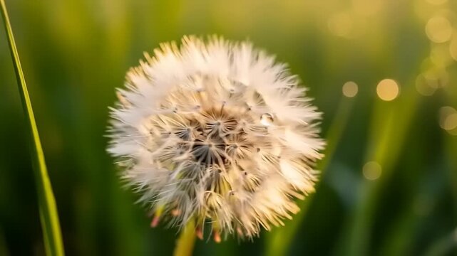 Close up of a dandelion seed head in soft morning light.