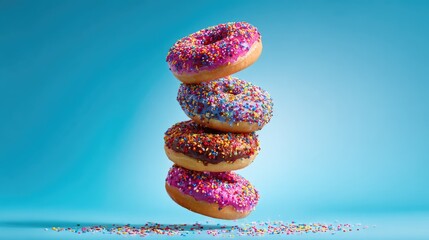 Colorful glazed doughnuts stacked in the air.