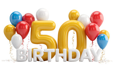 Happy 50th birthday with bold text and festive balloons