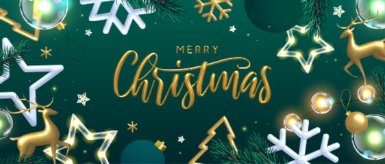 Merry Christmas and Happy New Year banner with 3d plastic and metallic snowflakes, baubles and string of lights on green background. Vector illustration