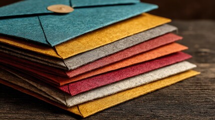 Colorful handmade paper envelopes stacked on a wooden surface.