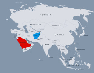 Saudi Arabia and Afghanistan Highlighted on Asia Map with Borders and Locations