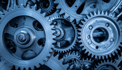 鋼の歯車が密に組み合わさり産業技術の連動と精度を象徴する抽象的構図