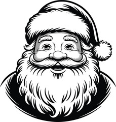 Detailed santa claus face illustration with a full beard on transparent background silhouette