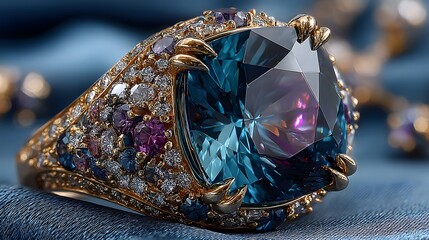 A luxurious gold featu a large cushion cut gemstone with blue and purple hues surrounded by small diamonds and colorful gems resting on blue silk fabric.