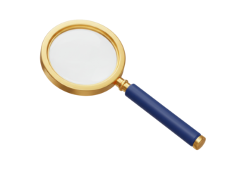 Gold magnifying glass PNG isolated on transparent background, search tool for investigation and exploration Sleuthing and discovery