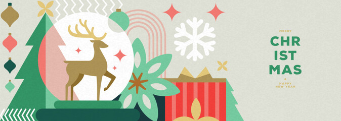 Christmas holiday flat poster or banner with Christmas tree, snow globe, deer, gift box, baubles, and snowflakes. Christmas greeting card design. Vector illustration
