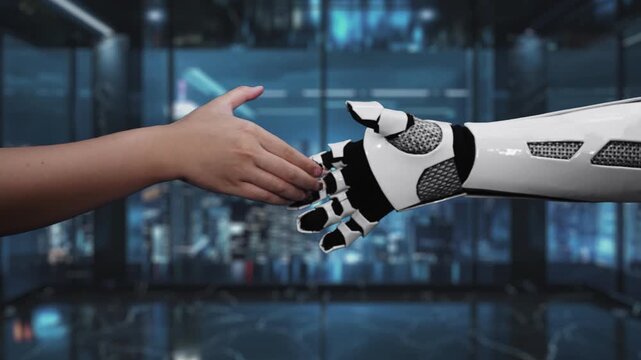 A striking video featuring a human hand and a robotic hand nearing each other, surrounded by digital icons related to cost reduction and financial metrics in a modern workspace. Auvana