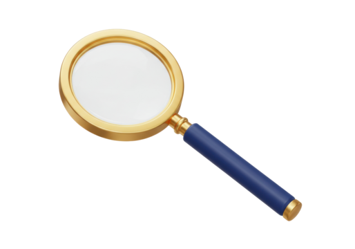 Gold magnifying glass PNG isolated on transparent background, search tool for investigation and exploration Sleuthing and discovery