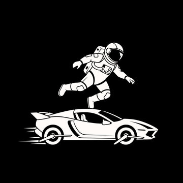 Astronaut jumping over a futuristic sports car in space concept.