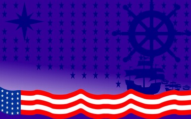 Columbus Day Background with American Flag and Historic Ship Silhouette