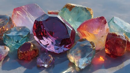 A captivating arrangement of colorful gemstone crystals gleams under soft light, showcasing their radiant beauty and intricate textures with stunning clarity and depth.