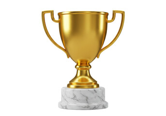 Golden trophy cup isolated on marble base, award prize for winning competition in sport or business PNG