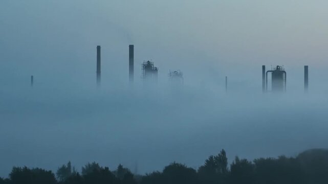 Industrial chimneys and tanks emerge from thick fog