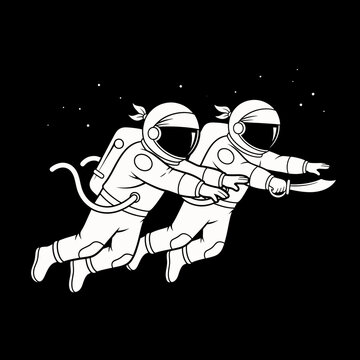 Astronauts floating in space with a ninja sword space exploration concept.
