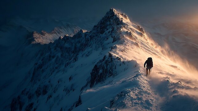 A lone hiker ascending a snow covered mountain ridge against a dramatic sky at golden hour light - Powered by Adobe