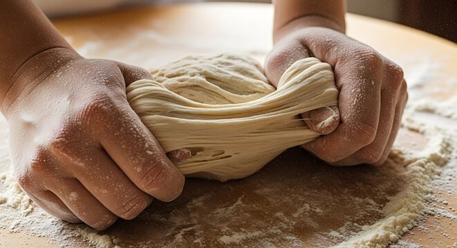 Artisanal bread dough being kneaded and stretched on floured surface
