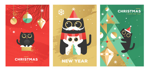 Set of Christmas holiday flat posters with funny cats, Christmas tree, gift box, baubles, and snowflakes. Christmas greeting card design. Vector illustration