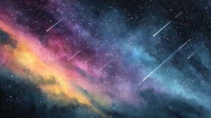 Vibrant cosmic nebula with streaks of shooting stars across a star filled night sky